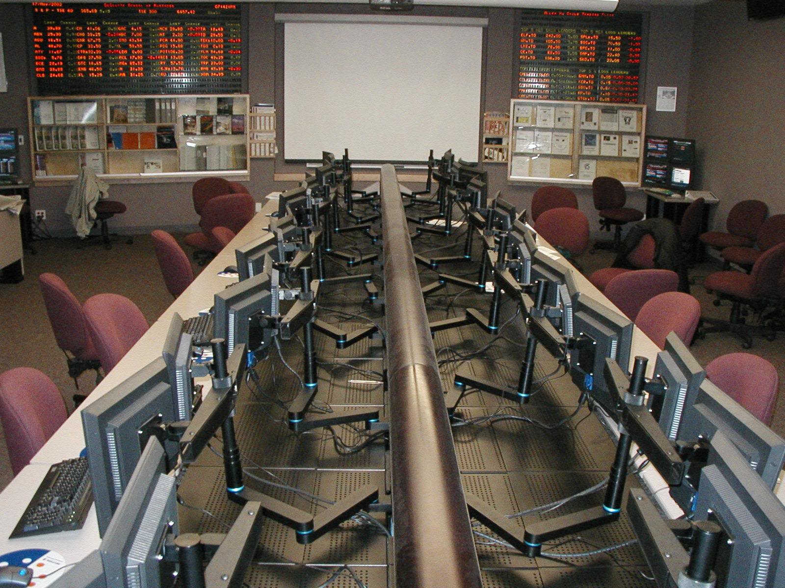 Allen H. Gould Trading Floor, a university trading room with monitors
