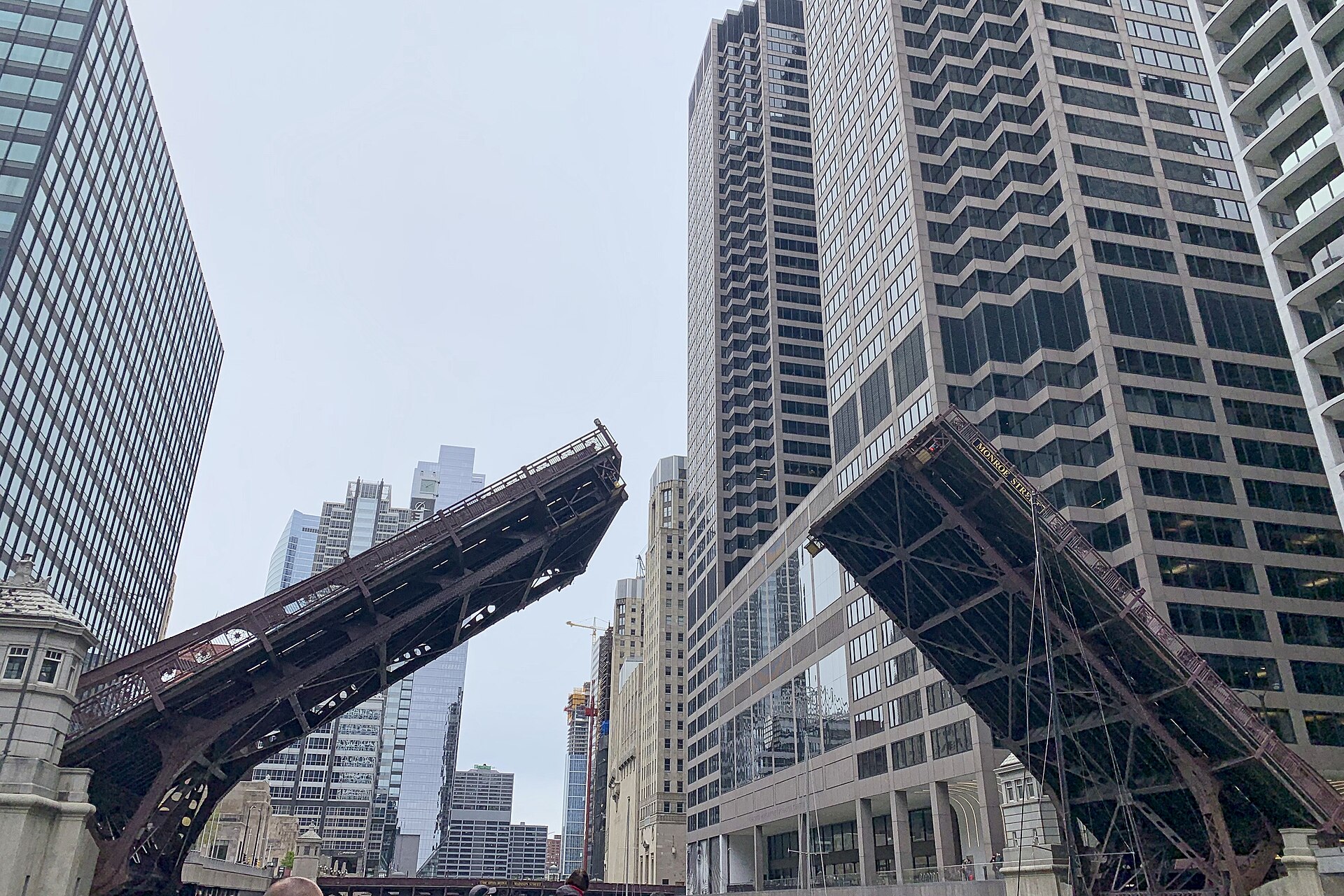 Raised bridges over the Chicago River in downtown Chicago